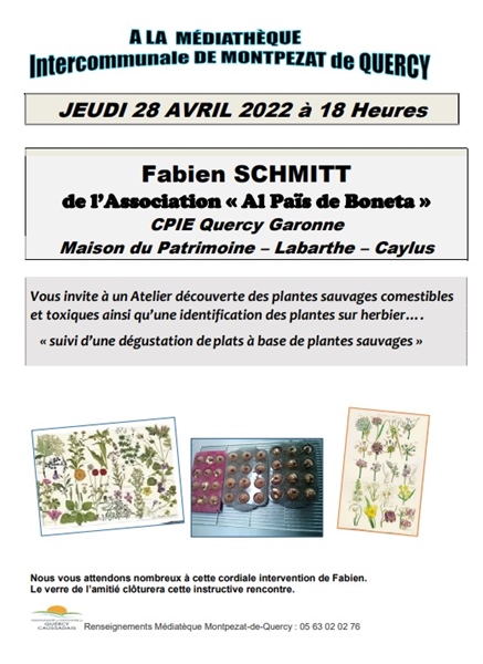 Atelier découverte plantes sauvages comestibles et toxiques - Jeudi 28 avril à 18h à la Médiathèque Intercommunale de Montpezat de Quercy