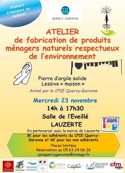 ATELIER de fabrication de produits ménagers naturels respectueux de l’environnement : Mercredi 23 novembre- Lauzerte